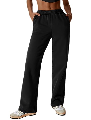 IDOPIP Jogginghose Damen Winter Verdickte Fleece Wide Leg Sweathose Winter Verdickte Geradem Bein Baggy Jogginghose Lange Freizeithose Trainingshose Jogger mit Taschen Schwarz L von IDOPIP