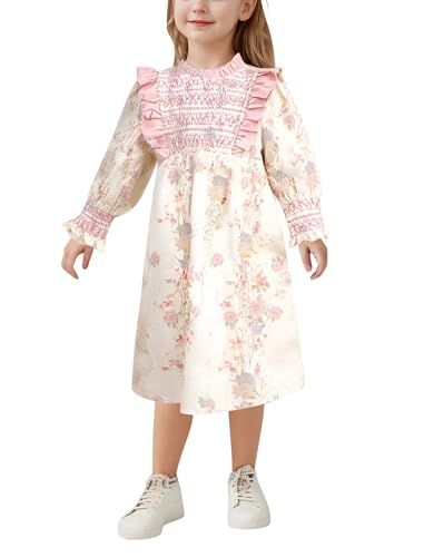 IDOPIP Kinder Mädchen Baumwolle Langarm Blumenkleid mit Puffärmeln A-Linie Gesmoktes Rüschenkleid Herbst Winter Frühling Festlich Hochzeit Blumenmädchenkleider Weihnachtskleid Hellrosa 8-9 Jahre von IDOPIP