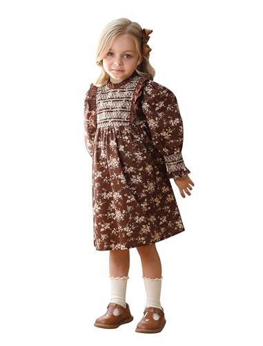 IDOPIP Kinder Mädchen Baumwolle Langarm Blumenkleid mit Puffärmeln A-Linie Gesmoktes Rüschenkleid Herbst Winter Frühling Festlich Hochzeit Blumenmädchenkleider Weihnachtskleid braun 7-8 Jahre von IDOPIP