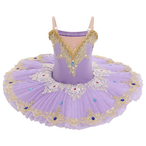 IDOPIP Kinder Mädchen Kostüm Ballett Tanz Tutu Kleid Perlen Strass Blumen Stickerei Spitze Schwan V-Ausschnitt dünne Träger, violett, 13-14 Jahre von IDOPIP