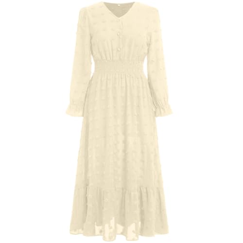 IDOPIP Kleid Damen Langarm Lang Kleid Boho Freizeitkleid Elegant Abendkleid Hohe Taille A-Linie Maxikleid mit V-Ausschnitt Einfach Cocktailkleid Herbst und Winter Aprikose XL von IDOPIP