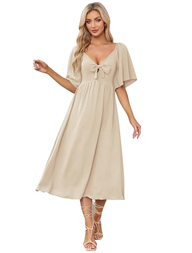 IDOPIP Kleid Damen Sommer Kurzarm Freizeitkleid mit Fliege Einfarig V-Ausschnitt Midikleid A-Linie Partykleid Cocktailkleid Elegant Festlich Hochzeit Aprikose XL von IDOPIP