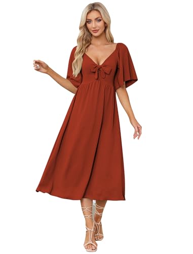 IDOPIP Kleid Damen Sommer Kurzarm Freizeitkleid mit Fliege Einfarig V-Ausschnitt Midikleid A-Linie Partykleid Cocktailkleid Elegant Festlich Hochzeit Ziegelrot XXL von IDOPIP