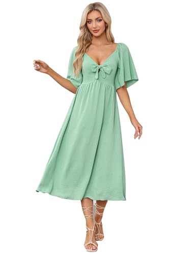 IDOPIP Kleid Damen Sommer Kurzarm Freizeitkleid mit Fliege Einfarig V-Ausschnitt Midikleid A-Linie Partykleid Cocktailkleid Elegant Festlich Hochzeit grün XL von IDOPIP