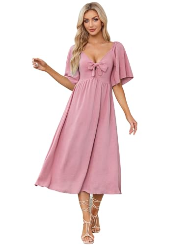 IDOPIP Kleid Damen Sommer Kurzarm Freizeitkleid mit Fliege Einfarig V-Ausschnitt Midikleid A-Linie Partykleid Cocktailkleid Elegant Festlich Hochzeit rosa XXL von IDOPIP
