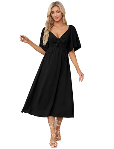 IDOPIP Kleid Damen Sommer Kurzarm Freizeitkleid mit Fliege Einfarig V-Ausschnitt Midikleid A-Linie Partykleid Cocktailkleid Elegant Festlich Hochzeit schwarz S von IDOPIP