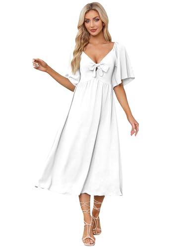 IDOPIP Kleid Damen Sommer Kurzarm Freizeitkleid mit Fliege Einfarig V-Ausschnitt Midikleid A-Linie Partykleid Cocktailkleid Elegant Festlich Hochzeit weiß S von IDOPIP