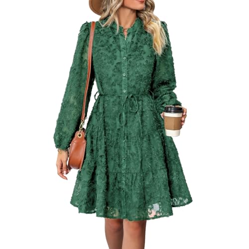 IDOPIP Kleid Langarm Damen Herbst Winter Freizeitkleider Elegant Abendkleider Rüschen Saum Knielang Cocktailkleid A-Linie Brautjungfernkleid Kleid Hochzeitsgast Damen Partykleid mit Gürtel grün L von IDOPIP