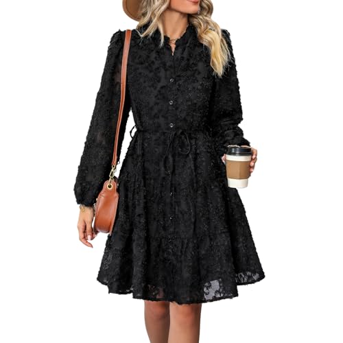 IDOPIP Kleid Langarm Damen Herbst Winter Freizeitkleider Elegant Abendkleider Rüschen Saum Knielang Cocktailkleid A-Linie Brautjungfernkleid Kleid Hochzeitsgast Damen Partykleid mit Gürtel schwarz XL von IDOPIP