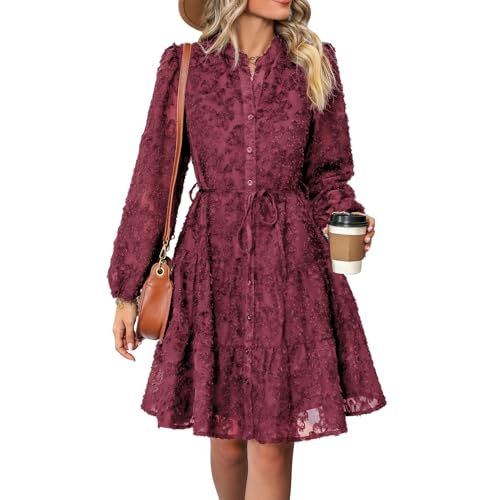 IDOPIP Kleid Langarm Damen Herbst Winter Freizeitkleider Elegant Abendkleider Rüschen Saum Knielang Cocktailkleid A-Linie Brautjungfernkleid Kleid Hochzeitsgast Damen Partykleid mit Gürtel weinerot S von IDOPIP