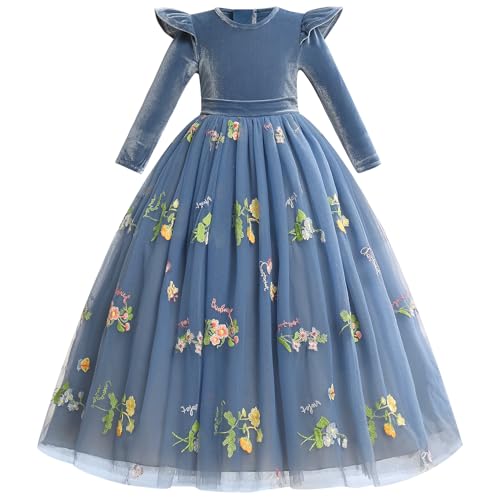 IDOPIP Kleider Mädchen Kinder Samtkleid Tüllkleid Langarm Prinzessin Kleid Weihnachten Blumenkleider Festlich Hochzeitskleid Elegant Partykleid Tutu Freizeitkleid Herbst Winter blau 9-10 Jahre von IDOPIP