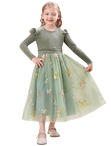 IDOPIP Kleider Mädchen Kinder Samtkleid Tüllkleid Langarm Prinzessin Kleid Weihnachten Blumenkleider Festlich Hochzeitskleid Elegant Partykleid Tutu Freizeitkleid Herbst Winter grün 11-12 Jahre von IDOPIP