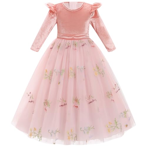 IDOPIP Kleider Mädchen Kinder Samtkleid Tüllkleid Langarm Prinzessin Kleid Weihnachten Blumenkleider Festlich Hochzeitskleid Elegant Partykleid Tutu Freizeitkleid Herbst Winter rosa 7-8 Jahre von IDOPIP