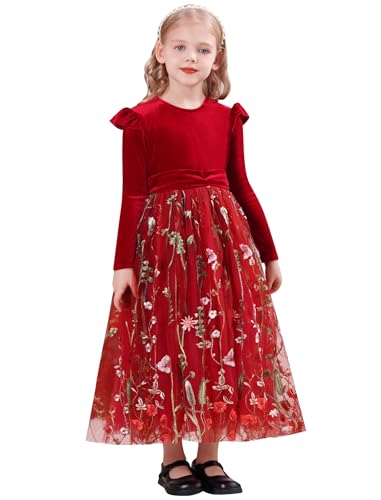 IDOPIP Kleider Mädchen Kinder Samtkleid Tüllkleid Langarm Prinzessin Kleid Weihnachten Blumenkleider Festlich Hochzeitskleid Elegant Partykleid Tutu Freizeitkleid Herbst Winter rot 3-4 Jahre von IDOPIP