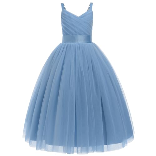 IDOPIP La fille des Fleurs Princesse Kleid lang Plissee Hochzeit Brautjungfer Ballkleid Stickerei Blume Spitze Elegant V-Ausschnitt, Graublau, 11-12 Jahre von IDOPIP