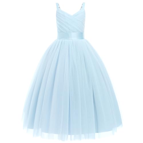 IDOPIP La fille des Fleurs Princesse Kleid lang Plissee Hochzeit Brautjungfer Ballkleid Stickerei Blume Spitze Elegant V-Ausschnitt, hellblau, 11-12 Jahre von IDOPIP