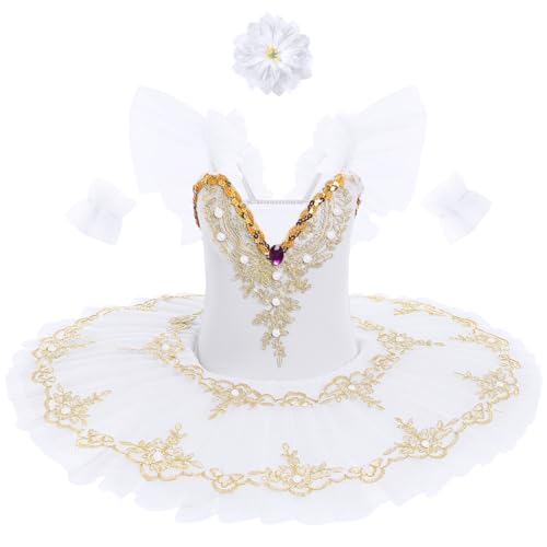 IDOPIP Mädchen Ballett Performance Kleid Ballett Pfannkuchen Tutu Kinder Little Swan Tanzkostüm Rüschen Ärmel Spitze bestickte Pailletten mit Haarspange, weiß, 7-8 Jahre von IDOPIP