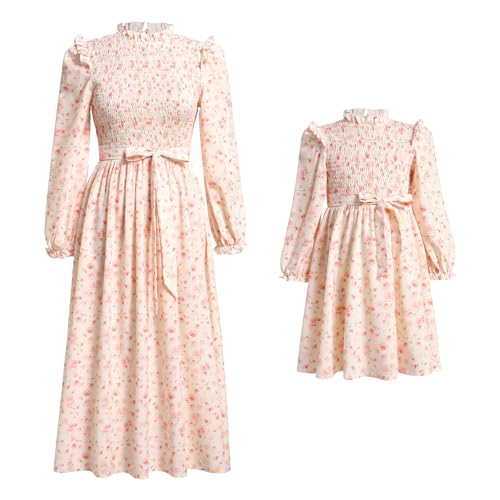 IDOPIP Mama und ich Kleider Boho Freizeitkleid Mutter Tochter Maxikleid Langarm Strandkleid Frauen Mädchen Herbstkleid Winter Familie Passendes Outfit Mommy and me Dress Aprikose L von IDOPIP