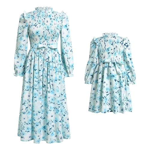 IDOPIP Mama und ich Kleider Boho Freizeitkleid Mutter Tochter Maxikleid Langarm Strandkleid Frauen Mädchen Herbstkleid Winter Familie Passendes Outfit Mommy and me Dress blau 2XL von IDOPIP