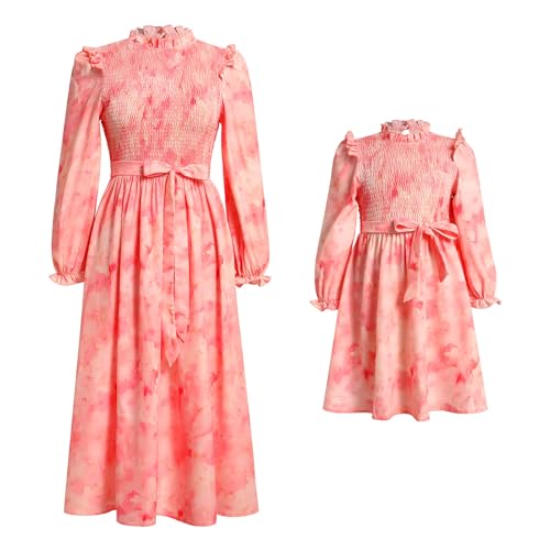 IDOPIP Mama und ich Kleider Boho Freizeitkleid Mutter Tochter Maxikleid Langarm Strandkleid Frauen Mädchen Herbstkleid Winter Familie Passendes Outfit Mommy and me Dress rosa 9-10 Jahre von IDOPIP