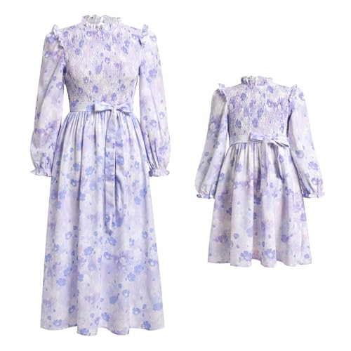 IDOPIP Mama und ich Kleider Boho Freizeitkleid Mutter Tochter Maxikleid Langarm Strandkleid Frauen Mädchen Herbstkleid Winter Familie Passendes Outfit Mommy and me Dress violett 2XL von IDOPIP