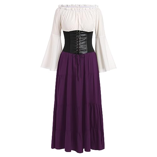 IDOPIP Mittelalter Kleid Damen Trompetenärmel Viktorianisches Renaissance Kleider mit Gürtel Steampunk Gothic Retro Kleid Lila 5XL von IDOPIP