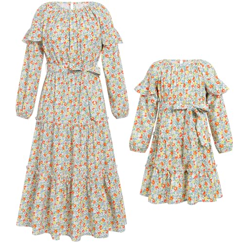 IDOPIP Mutter und Tochter Kleid Langarm Kleid Herbst Winter Maxikleid Lang Strandkleid Familien Boho Freizeitkleid Mama Mädchen Passend Familie Kleidung Familie Passendes Outfit Blume-grün XXL von IDOPIP