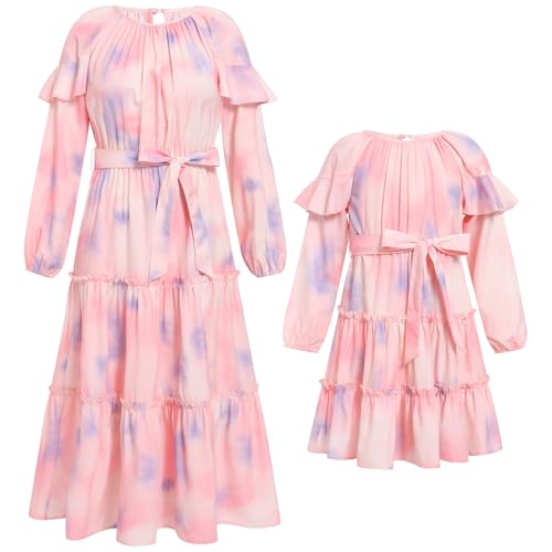 IDOPIP Mutter und Tochter Kleid Langarm Kleid Herbst Winter Maxikleid Lang Strandkleid Familien Boho Freizeitkleid Mama Mädchen Passend Familie Kleidung Familie Passendes Outfit rosa S von IDOPIP