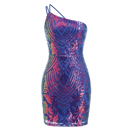 IDOPIP Rave Outfit Damen Festival Kostüm Paillettenkleid Elegant Cocktailkleider One Shoulder Bodycon Minikleid Hochzeit Festlich Kleid Glitzer Abendkleid Für Club Party blau M von IDOPIP