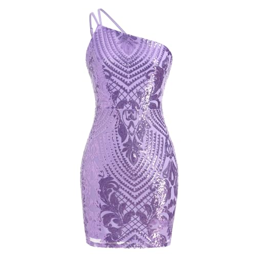 IDOPIP Rave Outfit Damen Festival Kostüm Paillettenkleid Elegant Cocktailkleider One Shoulder Bodycon Minikleid Hochzeit Festlich Kleid Glitzer Abendkleid Für Club Party violett M von IDOPIP