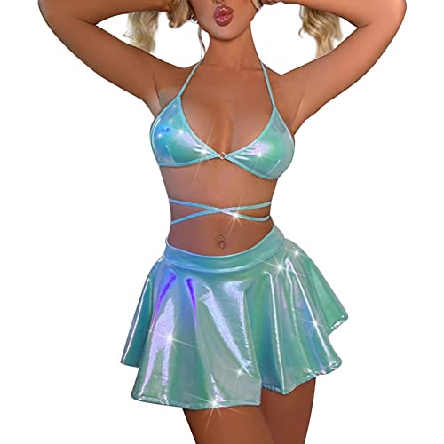 IDOPIP Rave Outfits für Fraue 3 Stück Dessous Sets Sexy Metallic Holografisches Glitzer Halter Bikini BH Top +Mini Röcke Oberteil Set für Festival Tanz Clubwear Party Grün S von IDOPIP