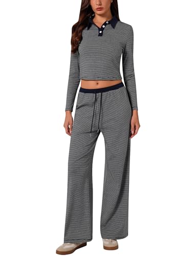 IDOPIP Schlafanzug Damen Lang Baumwolle: Langarm Streifen Lounge Set Polohemd mit Kragen Zweiteiler Pyjama Herbst - Loungewear für Sport Yoga Fitness und Freizeit schwarz Small von IDOPIP