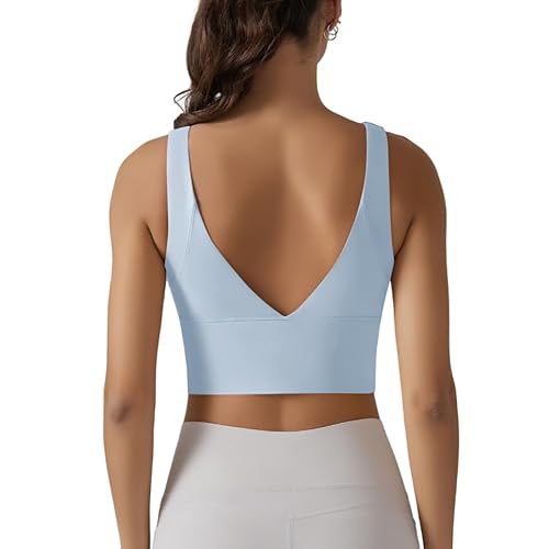 IDOPIP Sport BH Damen: Starker Halt Nahtloser BH Ohne Bügel Yoga Bra - Push up Crop Tops Elastic Wohlfühl-BH Bügelloser Soft Fitness Lauf Joggen Tief V Rücken Bustier Große Größen hellblau XL von IDOPIP