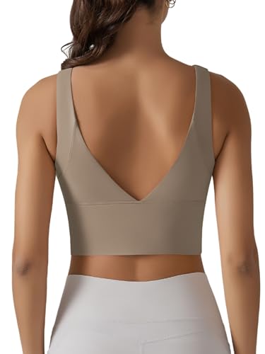 IDOPIP Sport BH Damen: Starker Halt Nahtloser BH Ohne Bügel Yoga Bra - Push up Crop Tops Elastic Wohlfühl Bügelloser Soft Fitness Lauf Joggen Tief V Rücken Bustier Große Größen kaki M von IDOPIP