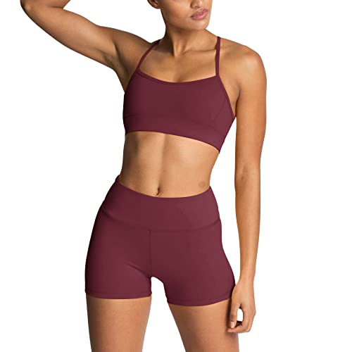 IDOPIP Sport Set Damen, Kreuz Rücken Yoga-BH & Hohe Taille Gym Shorts Workout Set Sport Outfit Fitness Set 2 Piece Trainingsanzüge Burgundisch M von IDOPIP