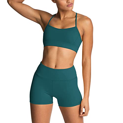 IDOPIP Sport Set Damen, Kreuz Rücken Yoga-BH & Hohe Taille Gym Shorts Workout Set Sport Outfit Fitness Set 2 Piece Trainingsanzüge Dunkelgrün L von IDOPIP