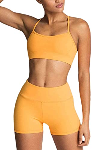 IDOPIP Sport Set Damen, Kreuz Rücken Yoga-BH & Hohe Taille Gym Shorts Workout Set Sport Outfit Fitness Set 2 Piece Trainingsanzüge Gelb XS von IDOPIP