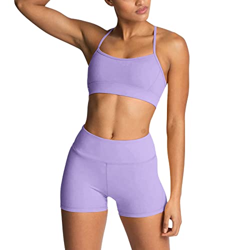 IDOPIP Sport Set Damen, Kreuz Rücken Yoga-BH & Hohe Taille Gym Shorts Workout Set Sport Outfit Fitness Set 2 Piece Trainingsanzüge Lila L von IDOPIP