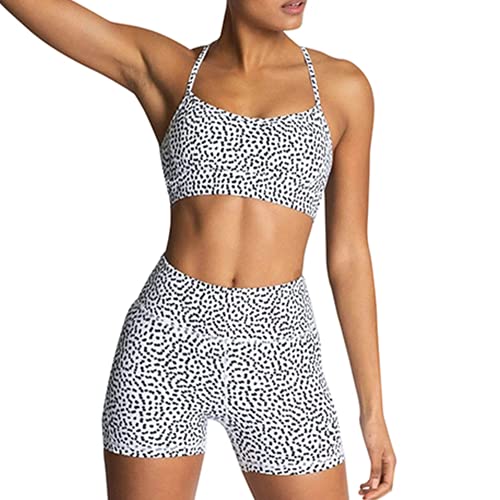 IDOPIP Sport Set Damen, Kreuz Rücken Yoga-BH & Hohe Taille Gym Shorts Workout Set Sport Outfit Fitness Set 2 Piece Trainingsanzüge Polka Dot Weißer S von IDOPIP