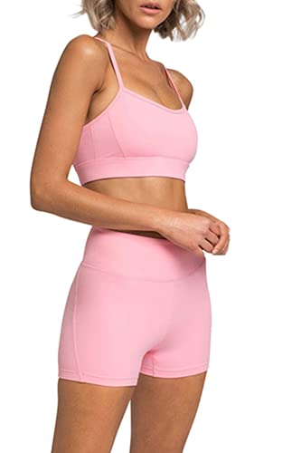 IDOPIP Sport Set Damen, Kreuz Rücken Yoga-BH & Hohe Taille Gym Shorts Workout Set Sport Outfit Fitness Set 2 Piece Trainingsanzüge Rosa S von IDOPIP