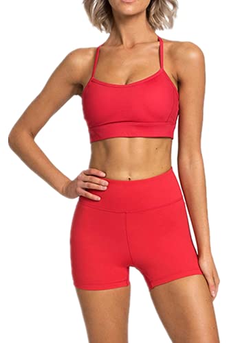 IDOPIP Sport Set Damen, Kreuz Rücken Yoga-BH & Hohe Taille Gym Shorts Workout Set Sport Outfit Fitness Set 2 Piece Trainingsanzüge Rot M von IDOPIP