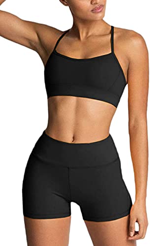IDOPIP Sport Set Damen, Kreuz R?cken Yoga-BH & Hohe Taille Gym Shorts Workout Set Sport Outfit Fitness Set 2 Piece Trainingsanz?ge Schwarzer L von IDOPIP