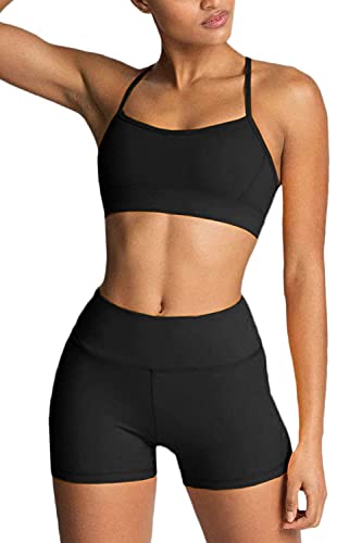 IDOPIP Sport Set Damen, Kreuz Rücken Yoga-BH & Hohe Taille Gym Shorts Workout Set Sport Outfit Fitness Set 2 Piece Trainingsanzüge Schwarzer S von IDOPIP