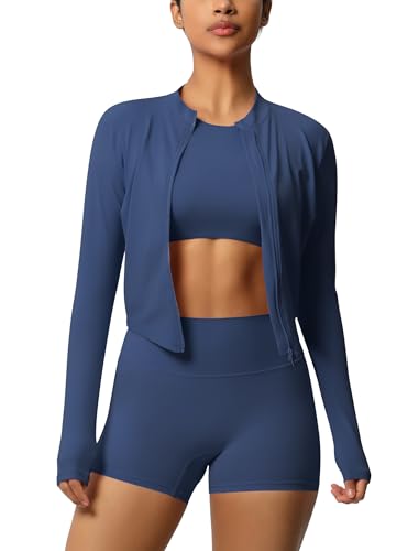 IDOPIP Sport-Set Damen 3-teilig mit Sportjacke: Gym Set Laufjacke + kurz Leggings + Kurzarm Tank Top mit BH - Sportkleidung für Sport, Fitness, Yoga und Pilates blau L von IDOPIP