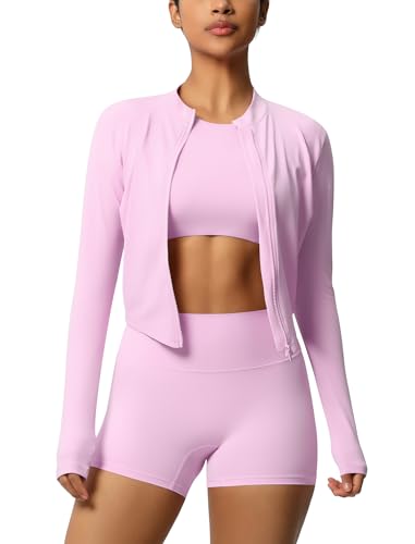 IDOPIP Sport-Set Damen 3-teilig mit Sportjacke: Gym Set Laufjacke + kurz Leggings + Kurzarm Tank Top mit BH - Sportkleidung für Sport, Fitness, Yoga und Pilates rosa M von IDOPIP