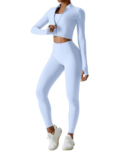 IDOPIP Sport-Set Damen 3-teilig mit Sportjacke: UV-Schutz Gym Set Laufjacke mit Daumenschlaufen + Leggings + Sport BH - Sportkleidung für Fitness, Yoga und Pilates hellblau M von IDOPIP
