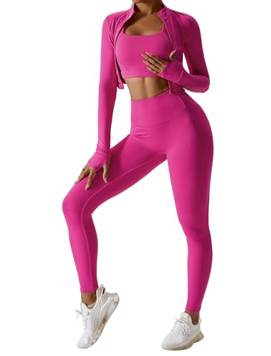 IDOPIP Sport-Set Damen 3-teilig mit Sportjacke: UV-Schutz Gym Set Laufjacke mit Daumenschlaufen + Leggings + Sport BH - Sportkleidung für Fitness, Yoga und Pilates rosenrot L von IDOPIP