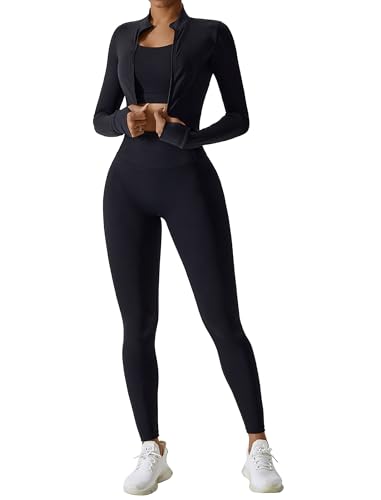 IDOPIP Sport-Set Damen 3-teilig mit Sportjacke: UV-Schutz Gym Set Laufjacke mit Daumenschlaufen + Leggings + Sport BH - Sportkleidung für Fitness, Yoga und Pilates schwarz M von IDOPIP
