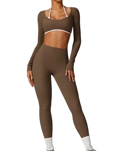 IDOPIP Sport-Set Damen Langarm Rückenfrei: Zweiteiler Gym Set Top mit integrierten Cups und hohe Taile Leggings mit Taschen - Sportkleidung für Fitness Yoga Pilates Workout braun S IDOPIP Sport-Set Damen Langarm Rückenfrei: Zweiteiler Gym Set Top mit integrierten Cups und hohe Taile Leggings mit Taschen - Sportkleidung für Fitness Yoga Pilates Workout braun S von IDOPIP
