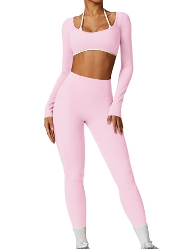 IDOPIP Sport-Set Damen Langarm Rückenfrei: Zweiteiler Gym Set Top mit integrierten Cups und hohe Taile Leggings mit Taschen - Sportkleidung für Fitness Yoga Pilates Workout rosa M von IDOPIP